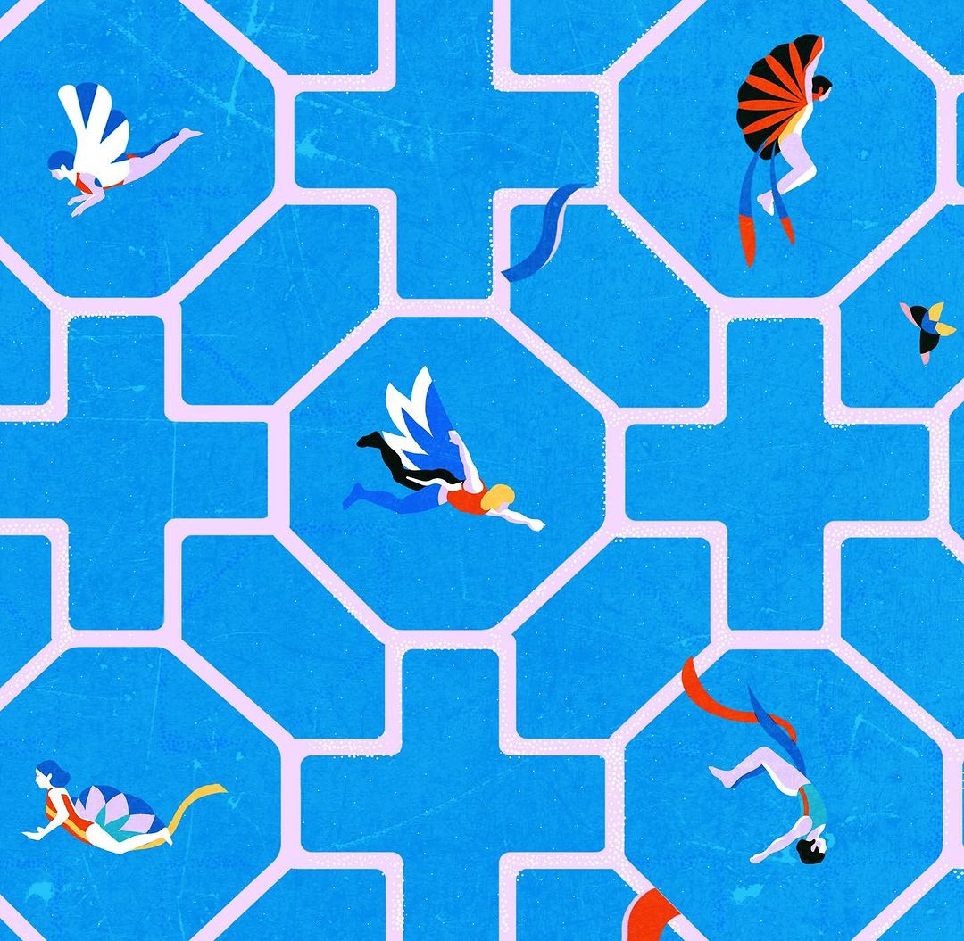 Illustration featuring flying human figures with vibrant wings on a textured blue background with a geometric pattern of pink lines.