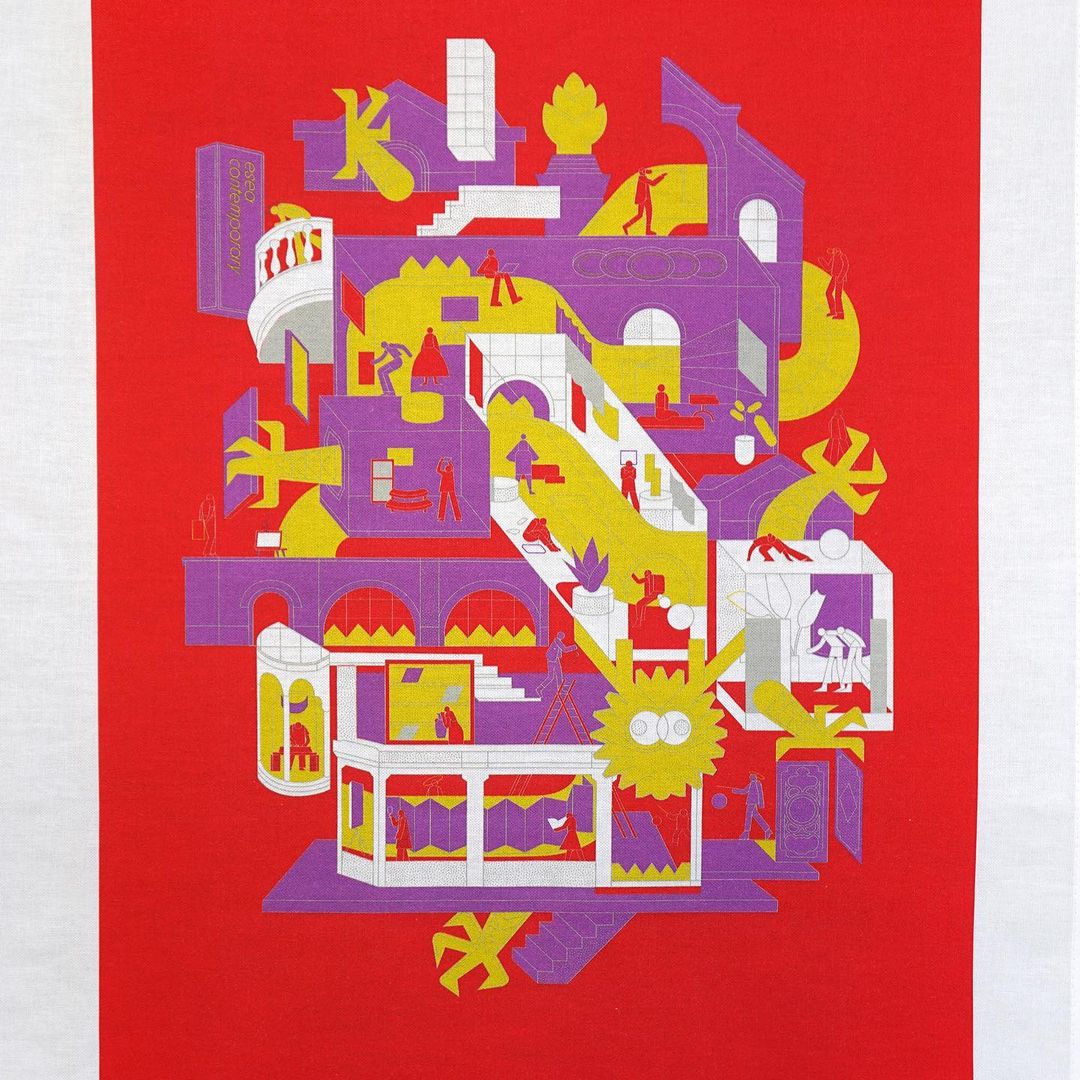 Illustration of an Escher-esque architectural space with purple, yellow, and red elements, featuring small figures, stairs, and arches.