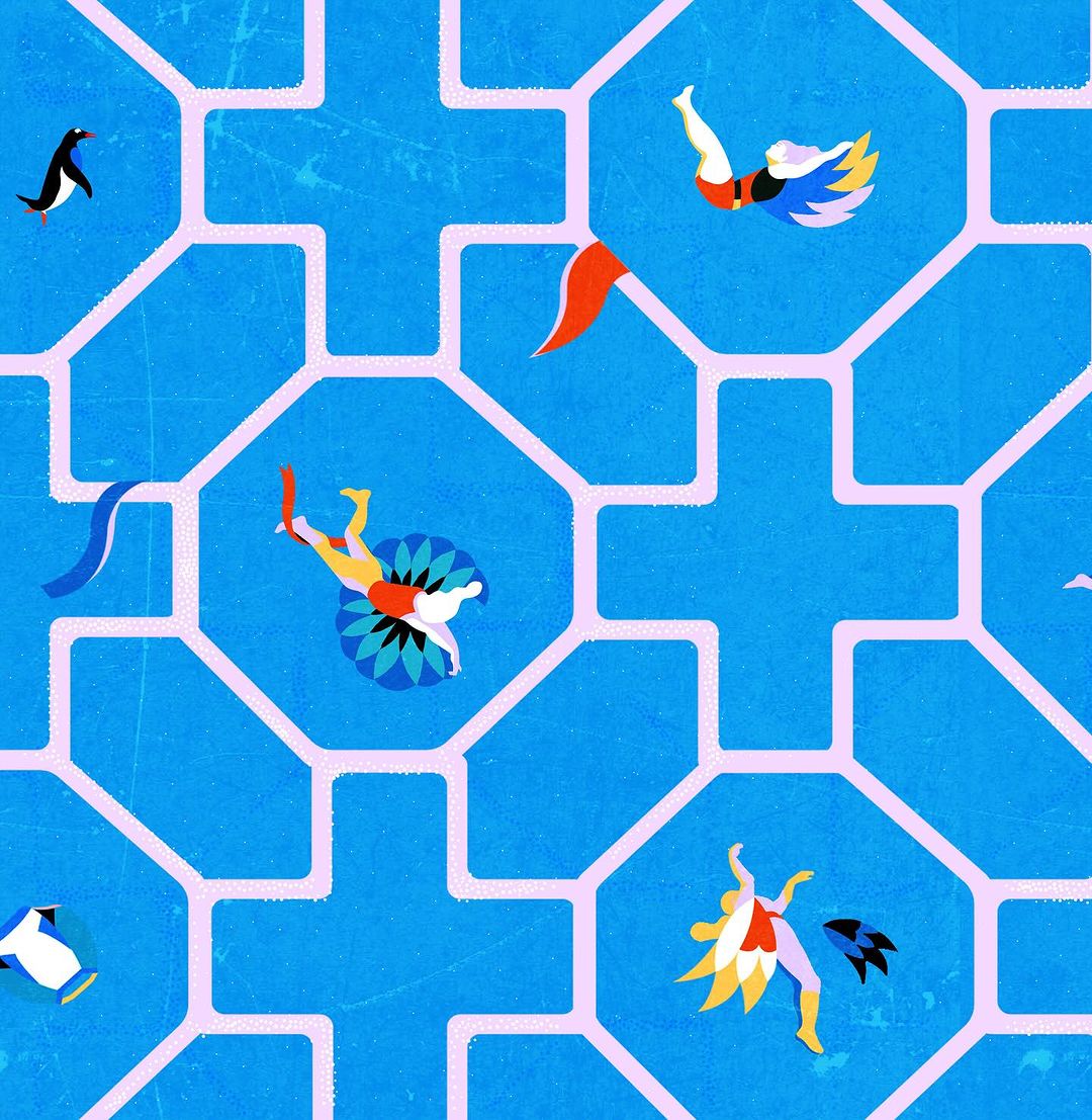 Illustration with multiple figures seemingly swimming in a blue-tiled pool with pink accents. Includes human and penguin figures.