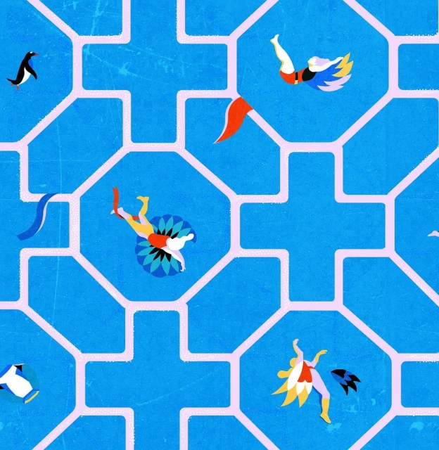 Illustration with multiple figures seemingly swimming in a blue-tiled pool with pink accents. Includes human and penguin figures.