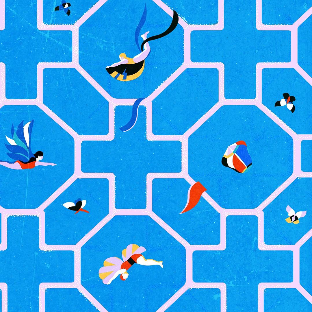 Illustration of floating figures with graphic shapes in a patterned blue and pink geometric background. 
