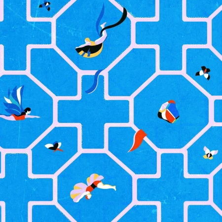 Illustration of floating figures with graphic shapes in a patterned blue and pink geometric background. 