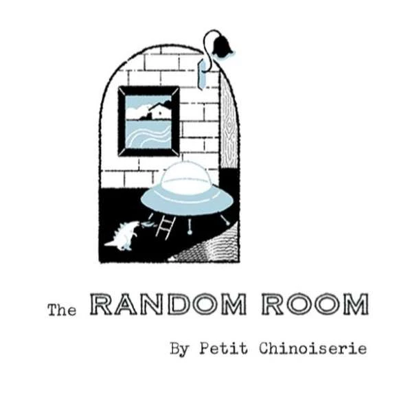 Stylized illustration featuring a room with a framed landscape, UFO, dinosaur figure, and floral decor, set against a white backdrop.