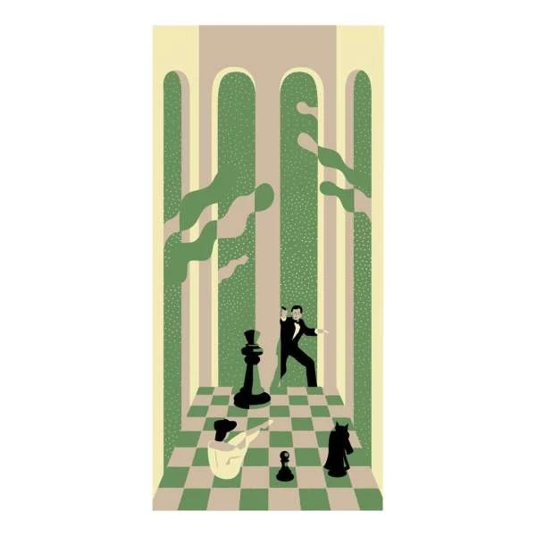 Illustration of a man in a suit dramatically gesturing in a room with a checkerboard floor and stylized architecture and chess pieces.