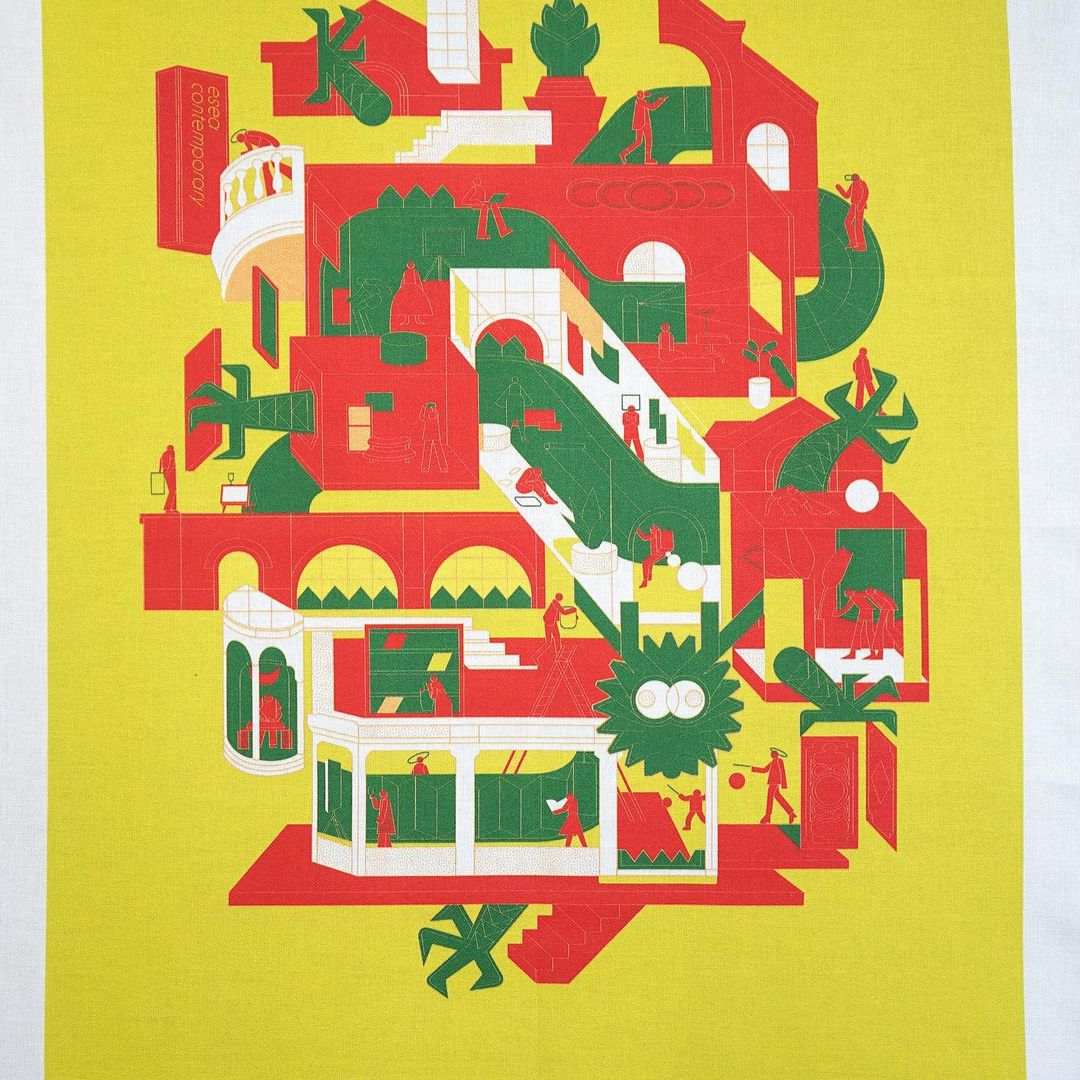 Complex illustration of interconnected building structures in red, green, and yellow with small figures populating the scene, creating a whimsical architectural landscape.