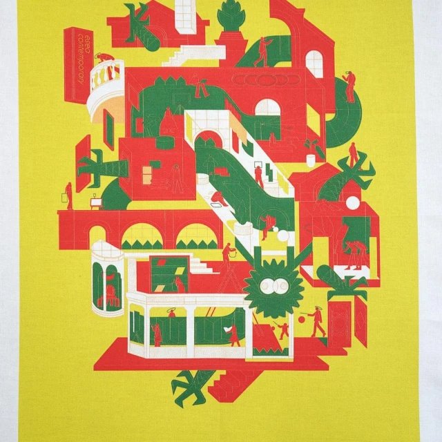 Complex illustration of interconnected building structures in red, green, and yellow with small figures populating the scene, creating a whimsical architectural landscape.