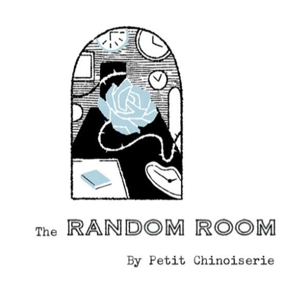 Illustration features a stylized room with rose, clocks, and books, creating an imaginative, whimsical scene in black, white and light blue.