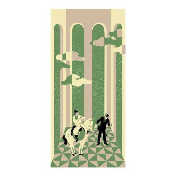 Illustration of a woman riding a horse and a man in a suit standing on a geometrically patterned floor with a backdrop of arches.