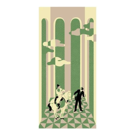 Illustration of a woman riding a horse and a man in a suit standing on a geometrically patterned floor with a backdrop of arches.