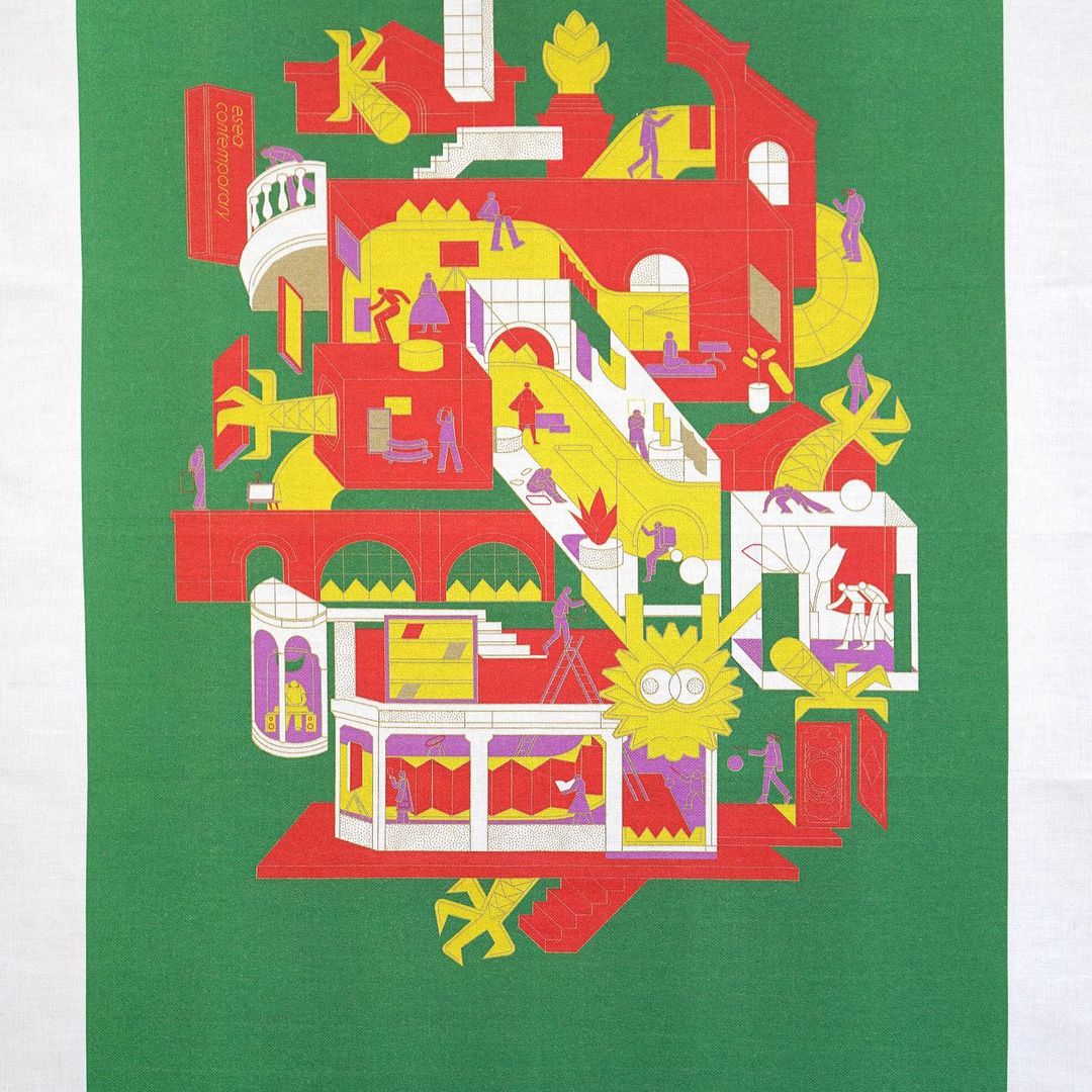 Vibrant illustration of a whimsical, interconnected building complex filled with tiny figures, set against a green background.