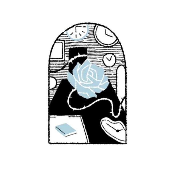 Illustration of a blue rose surrounded by thorns, with clocks and a book in the background, rendered in a line drawing style.