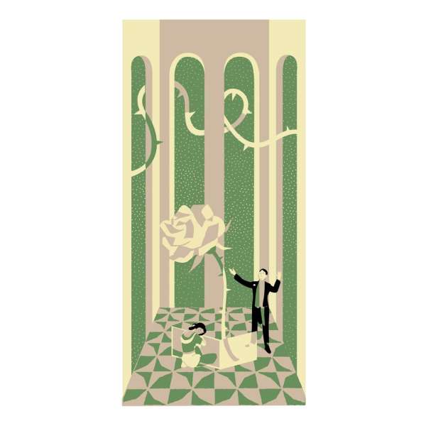 Illustration of two people in a room with a checkered floor, featuring a large rose in a vase and a backdrop of arches and vines.