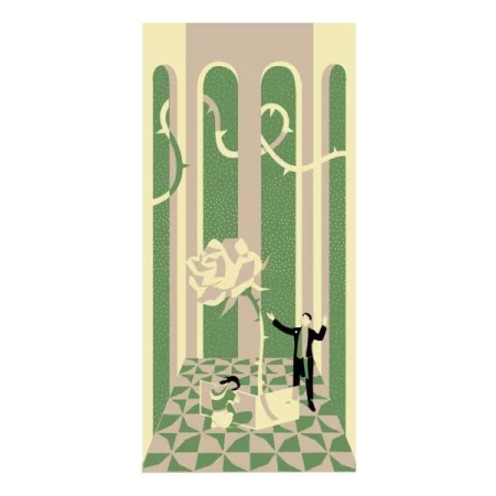 Illustration of two people in a room with a checkered floor, featuring a large rose in a vase and a backdrop of arches and vines.