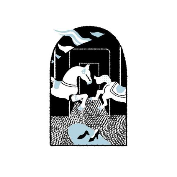 Illustration featuring two white carousel horses on a net with black heels, set against a black and white arched doorway.