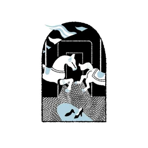 Illustration featuring two white carousel horses on a net with black heels, set against a black and white arched doorway.