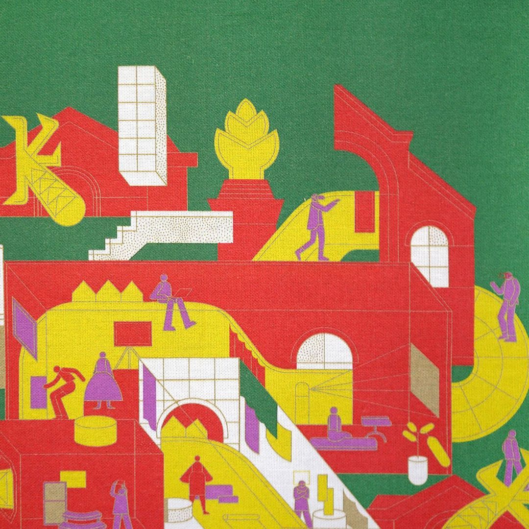 Abstract illustration of buildings with figures in red, yellow, purple, white, and green featuring people within the colourful architectural scene.