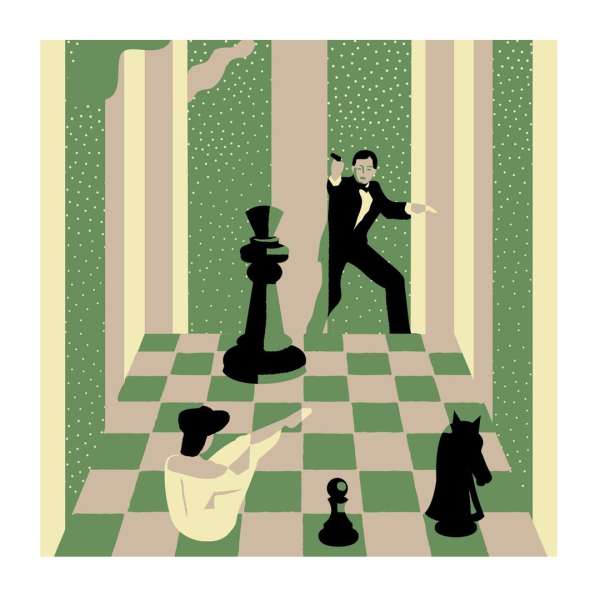 Illustration depicting a man in a tuxedo pointing a gun near chess pieces, with striped walls and checkerboard floor, showcasing a suspenseful scene.
