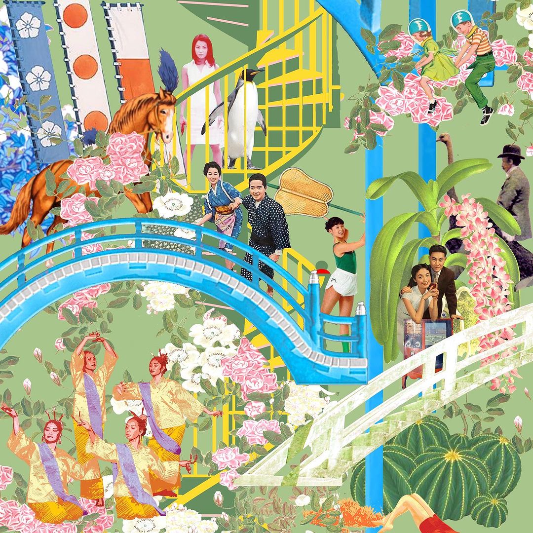 Surreal collage with diverse people, horse, penguin, bridges, stairs, and lush floral patterns on a light green background.
