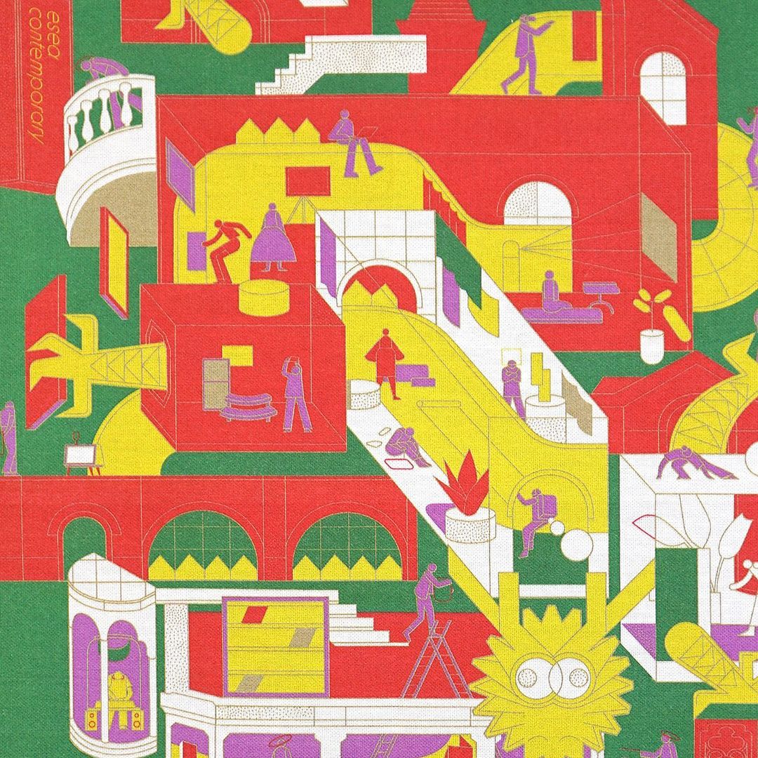 Architectural illustration with building interiors and exteriors depicted by stylized figures in a colorful, complex, cutaway view.