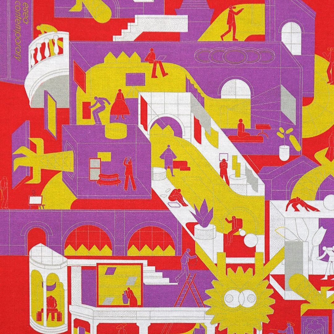 Illustration of a multi-level building interior with figures engaged in various activities, rendered in a flat, geometric style with bold colors.