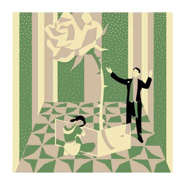 Illustration of a man in a tuxedo gesturing, a woman kneeling in a box near a large rose, set against a geometric background.