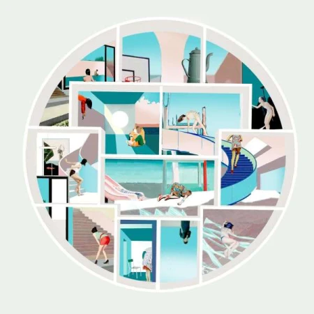 Illustration featuring multiple scenes of people engaged in various activities within a segmented circle, rendered in a colorful, artistic style.