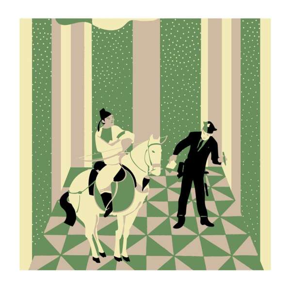 Illustration of a person riding a horse, encountering a police officer on a geometric floor against a striped, dotted backdrop.