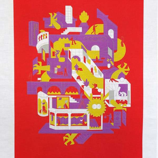 Whimsical architectural illustration featuring people, stairs, and buildings rendered in purple, yellow, and red tones.