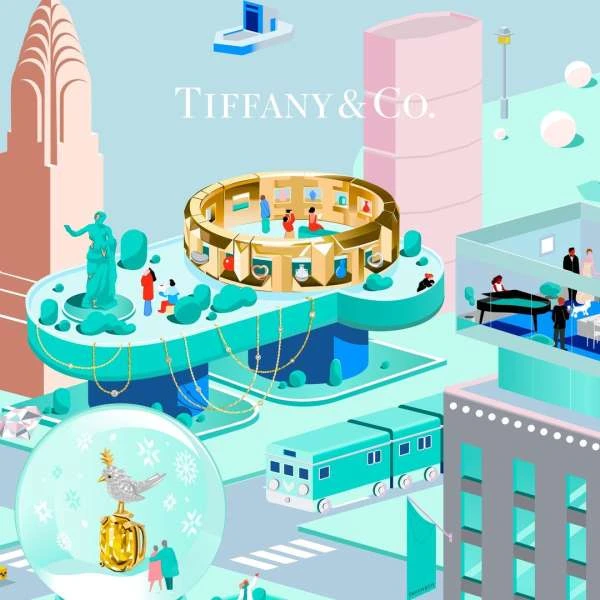 Whimsical isometric vector illustration: jewelry store, snow globe, and train set in city. Tiffany & Co. branding. Light turquoise.