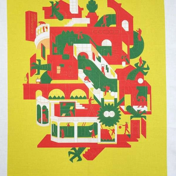 Illustration of a complex, multi-layered building structure with people on staircases, balconies, and rooftops, in red, green, and yellow tones.