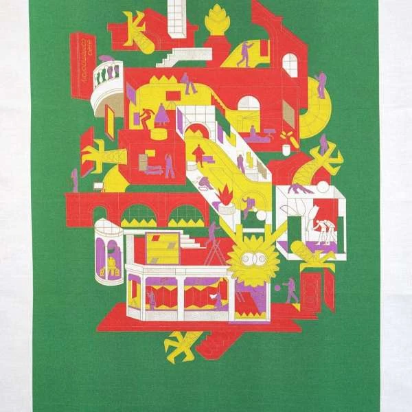 Architectural illustration shows a building-like structure with people on levels with green background and red, white, and yellow highlights.