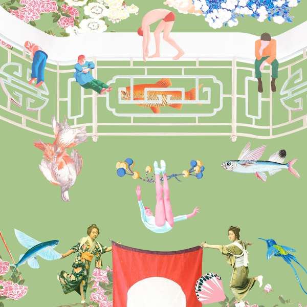 Collage of people in various poses, goldfish, flying fish, and birds against a light green backdrop with floral and architectural elements.