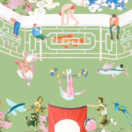 Collage of people in various poses, goldfish, flying fish, and birds against a light green backdrop with floral and architectural elements.