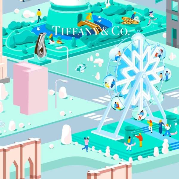Stylized city illustration with a Ferris wheel, snow globe, buildings, and people in a turquoise color scheme, featuring the Tiffany & Co. logo.