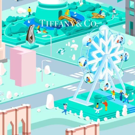 Stylized city illustration with a Ferris wheel, snow globe, buildings, and people in a turquoise color scheme, featuring the Tiffany & Co. logo.