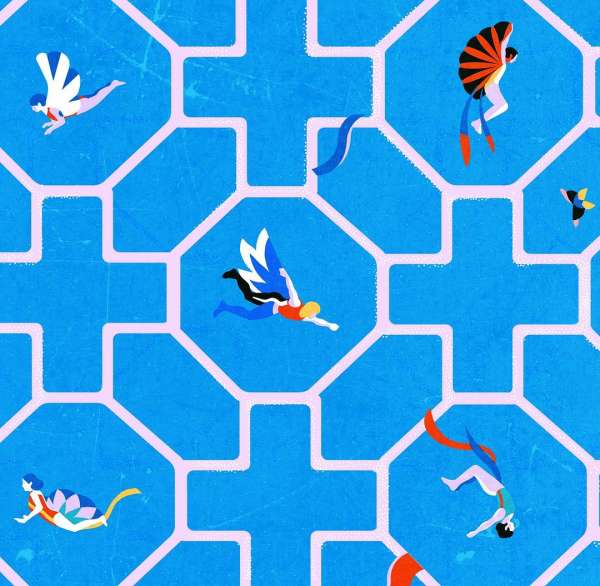 Illustration of diverse flying people with wings set against a geometric blue and pink backdrop, creating a vibrant and whimsical scene.