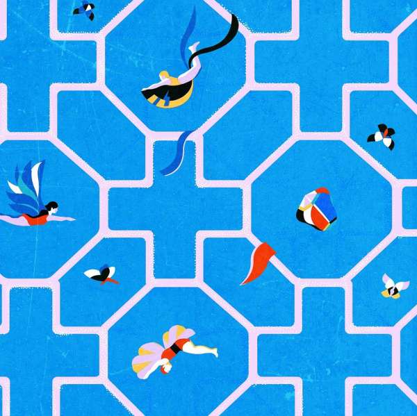Illustration art of people flying on a blue patterned background. Abstract characters with wings and flowing ribbons in vivid colors.