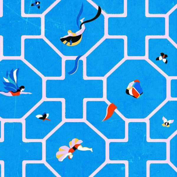 Illustration art of people flying on a blue patterned background. Abstract characters with wings and flowing ribbons in vivid colors.
