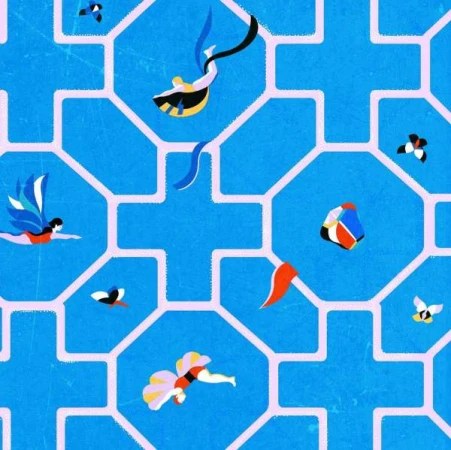 Illustration art of people flying on a blue patterned background. Abstract characters with wings and flowing ribbons in vivid colors.