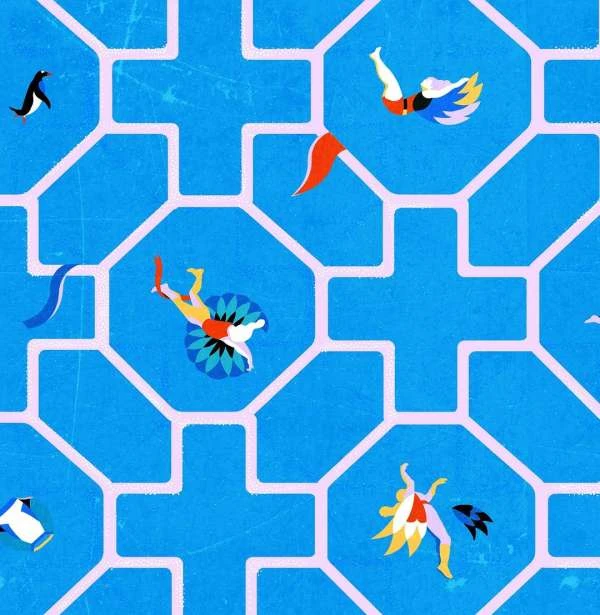Geometric illustration with stylized people figures, a penguin, and a flag element, set against a blue textured background with pink grid lines.