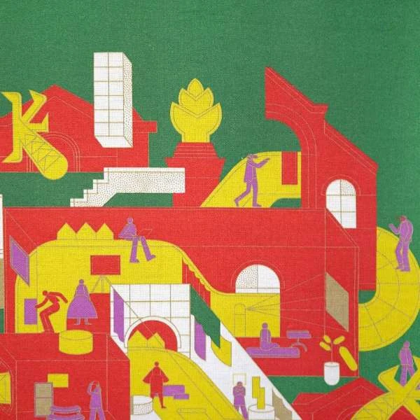 Isometric illustration of a city scene with pedestrians, red buildings, yellow accents, and a green background, created with digital art.