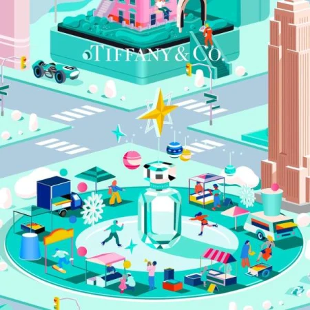 Digital illustration of a perfume bottle in a whimsical winter scene featuring miniature figures, market stalls, and iconic buildings.