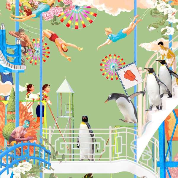 Whimsical illustration with penguins, divers, and colorful carnival elements creating a surreal and vibrant composition.