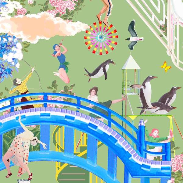 Whimsical collage of floating penguins, women in action poses, and architectural elements against a green floral background.