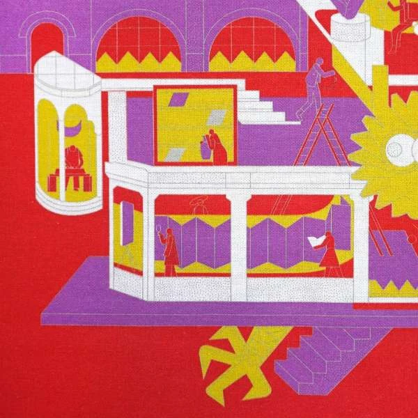 Illustration of a multi-level architectural structure with figures, rendered in a vibrant color palette with geometric shapes and patterns.