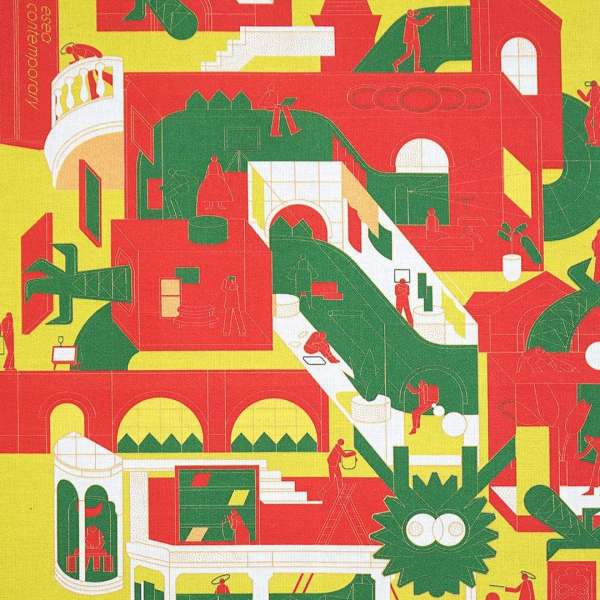 Illustration of an architectural complex in shades of red, green, and yellow, filled with people interacting with the buildings.