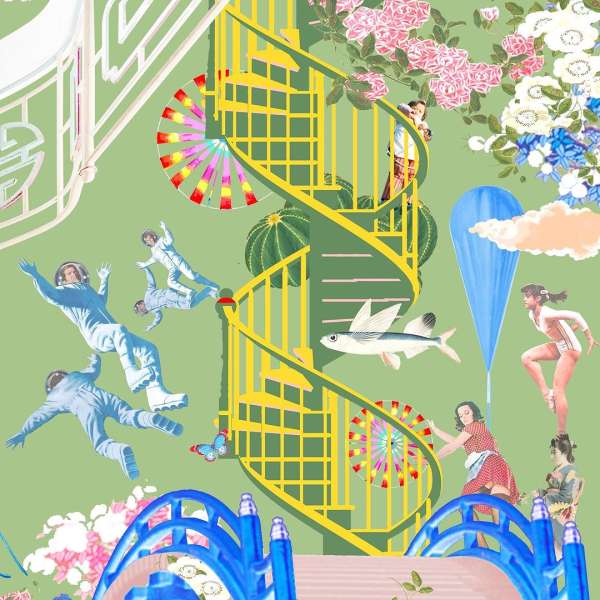 Surreal illustration with a yellow spiral staircase, fish, women, astronauts, cacti, flowers, butterflies, and a blue bridge on a green background.