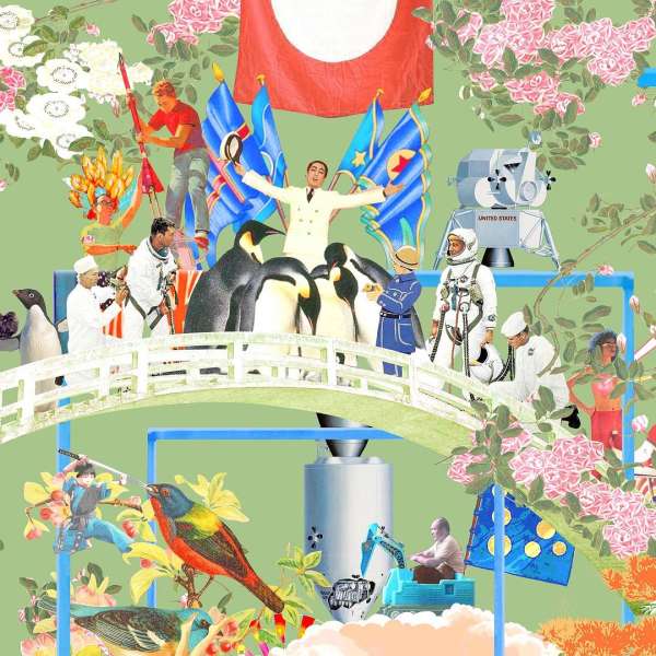 Artistic collage featuring penguins, flowers, and various human figures on a bridge against a light green background.
