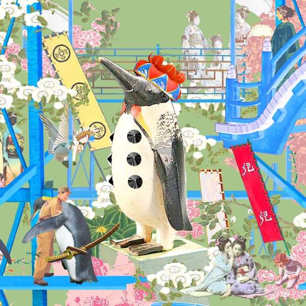 Digitally collaged image of a penguin wearing a crown, surrounded by Japanese themes, with other penguins interacting in the background.