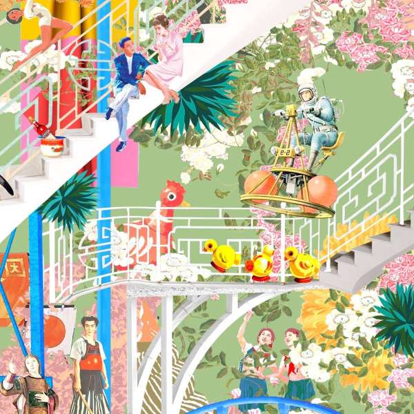 Whimsical artwork featuring cut-out figures on staircase and flower wallpaper, plus an astronaut in a vintage-style flying machine.